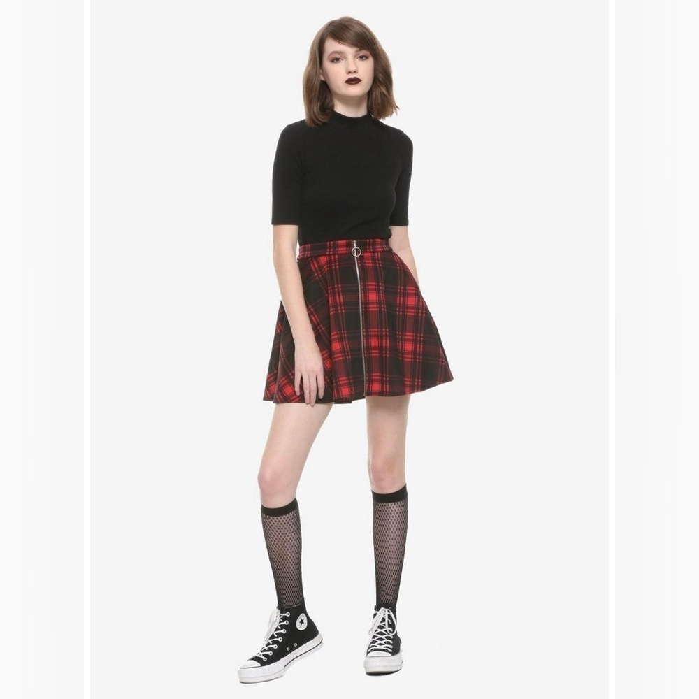 hot topic black & red plaid o-ring skater mini skirt